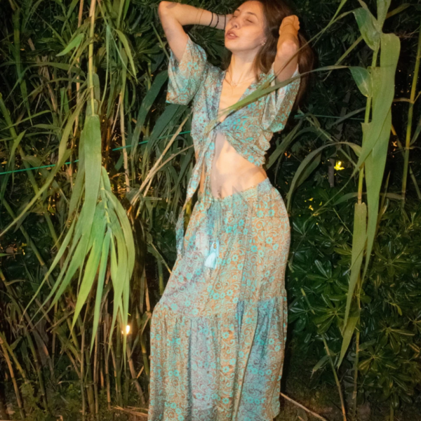 Boho Σετ με Δετό Top & Μακριά Φούστα σε Τυρκουάζ-Πράσινο Pattern